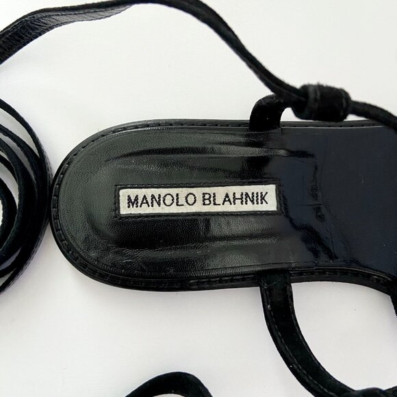 MANOLO BLAHNIK PRIMATHI LACE-UP STRAPPY FLAT SANDALS BLACK SUEDE SIZE 38 - Picture 8 of 10